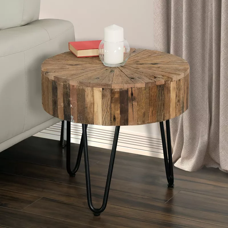 Sawyer 22 in. Round Reclaimed Wood Accent End Table with Black Hairpin Metal Legs