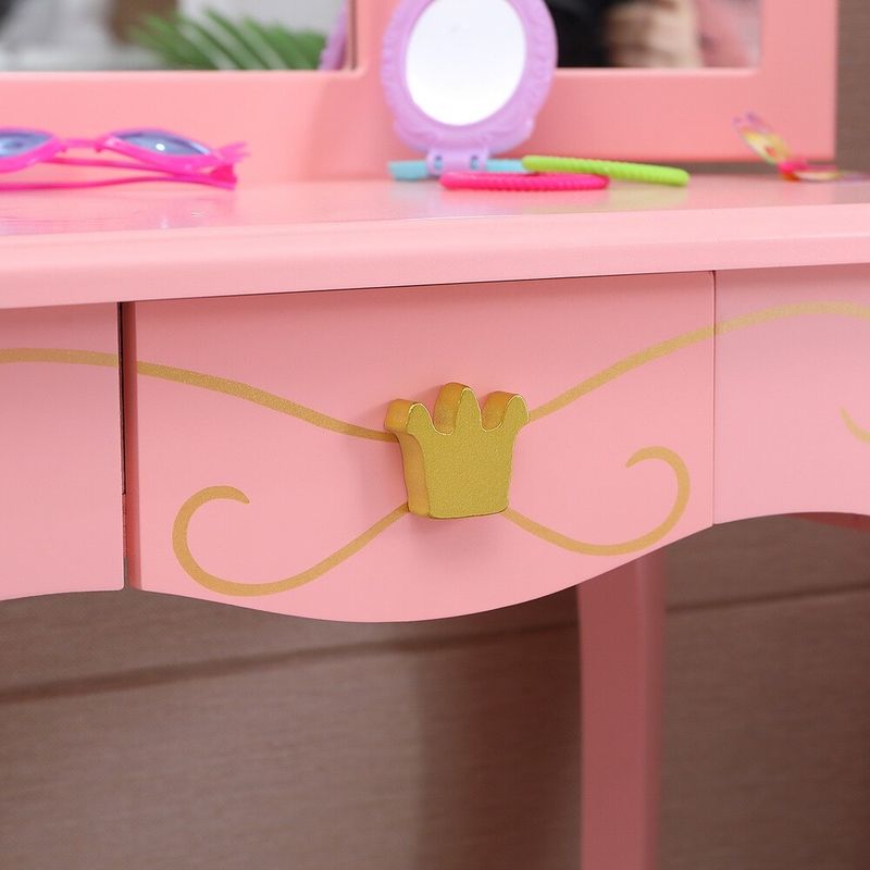 Children's Dressing Table 3-Foldable Mirror/Chair/Single Drawer - Pink - 1-drawer
