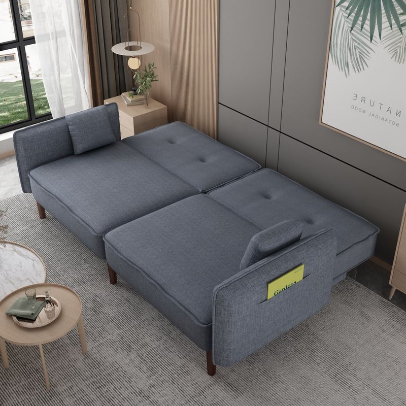 Convertible Futon Sofa Bed with Solid Wood Legs in Cotton Linen Fabric - Blue