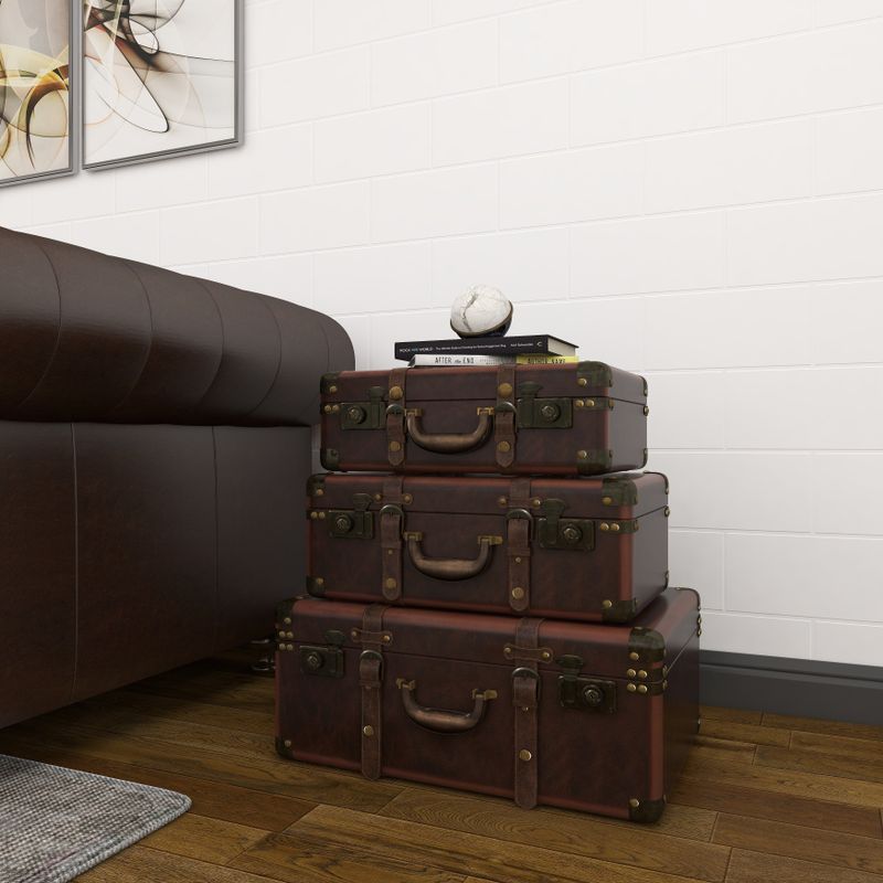 Brown Leather Vintage Trunk (Set of 3) - Brown - S/3 18", 21", 23"W