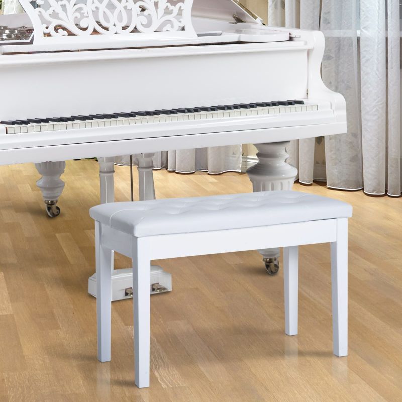 HOMCOM Traditional Country Birchwood Faux Leather Padded 2 Person Piano Bench - White - White