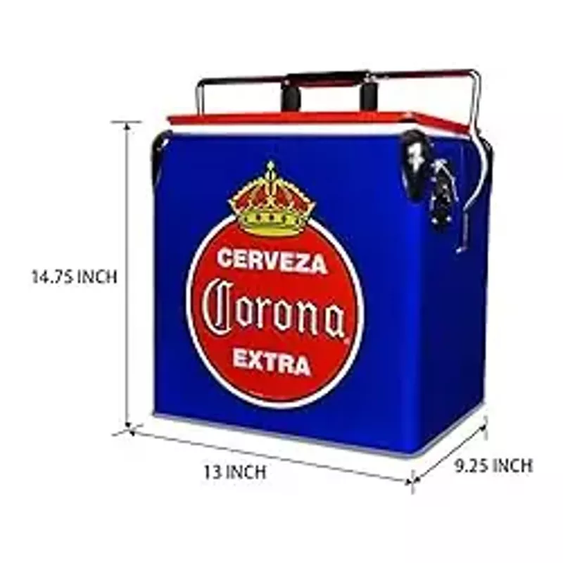 Corona Retro Ice Chest Cooler with Bottle Opener 13L (14 qt), 18 Can Capacity, Blue and Red, Vintage Style Ice Bucket for Camping, Beach, Picnic, RV, BBQs, Tailgating, Fishing