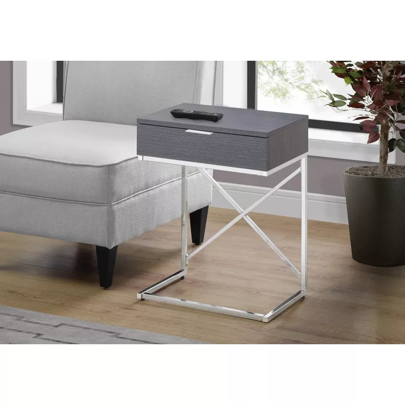 Accent Table/ Side/ End/ Nightstand/ Lamp/ Storage Drawer/ Living Room/ Bedroom/ Metal/ Laminate/ Grey/ Chrome/ Contemporary/ Modern