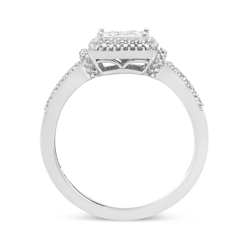 .925 Sterling Silver 1/4 Cttw Princess-cut Diamond Composite Ring with Beaded Halo (H-I Color, SI1-SI2 Clarity) - Size 10