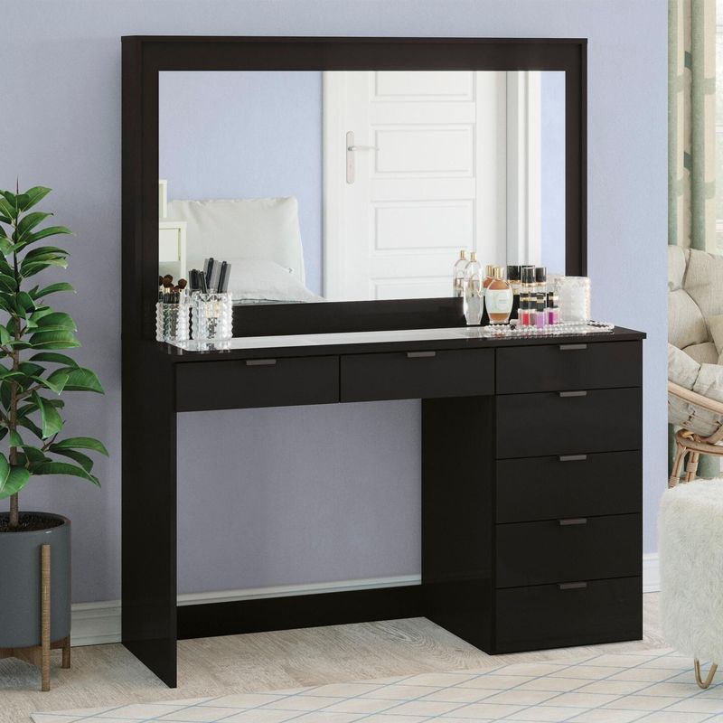 Boahaus Jane Dressing Table, Glass Top, 07 Drawers, Black - N/A - Off-White