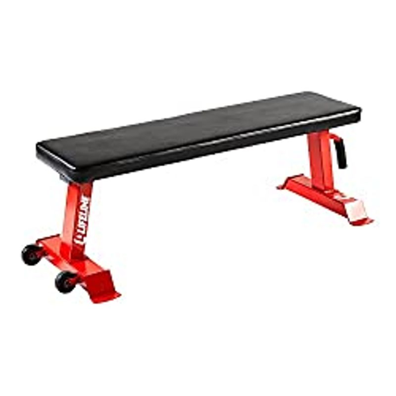 Lifeline Flat Weight Bench Heavy Duty 11-Gauge Steel with Transport Wheels and Handle for Home Gym Workouts