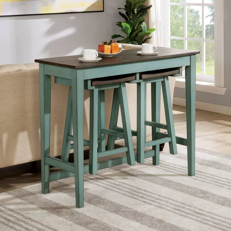 Transitional Wood 3-Piece Counter Height Table Set in Antique Teal/Gray
