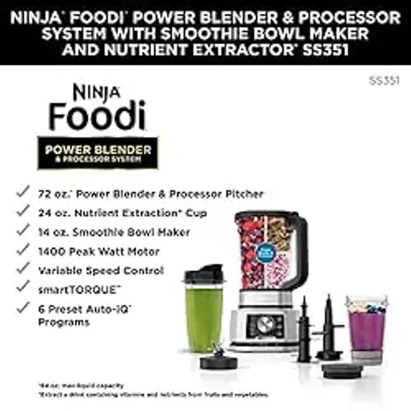 Ninja - Foodi Power Blender & Processor System, Smoothie Bowl Maker & Nutrient Extractor*, 1400WP smartTORQUE 6 Auto-iQ - Silver