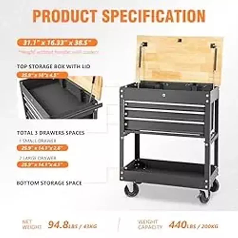 DNA MOTORING 3-Drawers Wood Top Utility Rolling Tool Chest Cabinet with Wheels, Heavy Duty Industrial Service Cart Keyed Locking System, for Garage Warehouse Workshop, Black, TOOLS-00403