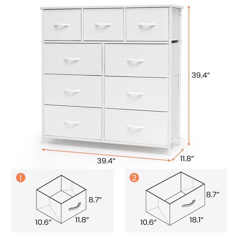 VredHom Extra Wide 9 Drawers Fabric Dresser Storage Organizer - White - 9-drawer