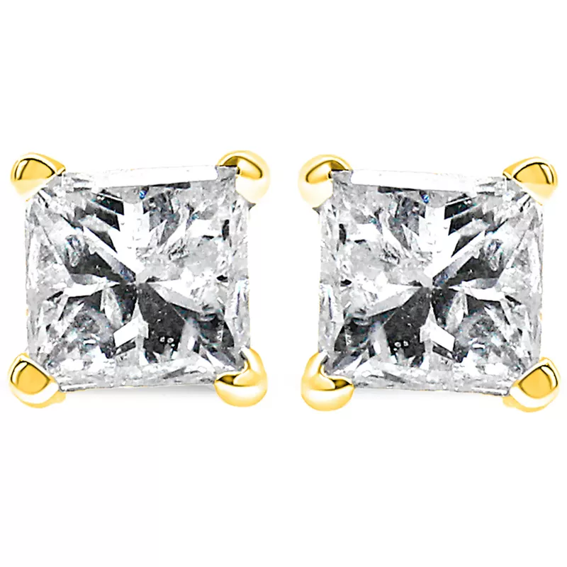 AGS Certified 14k Yellow Gold 3/8 cttw 4-Prong Set Princess-Cut Solitaire Diamond Push Back Stud Earrings (M-N Color, SI2-I1 Clarity)