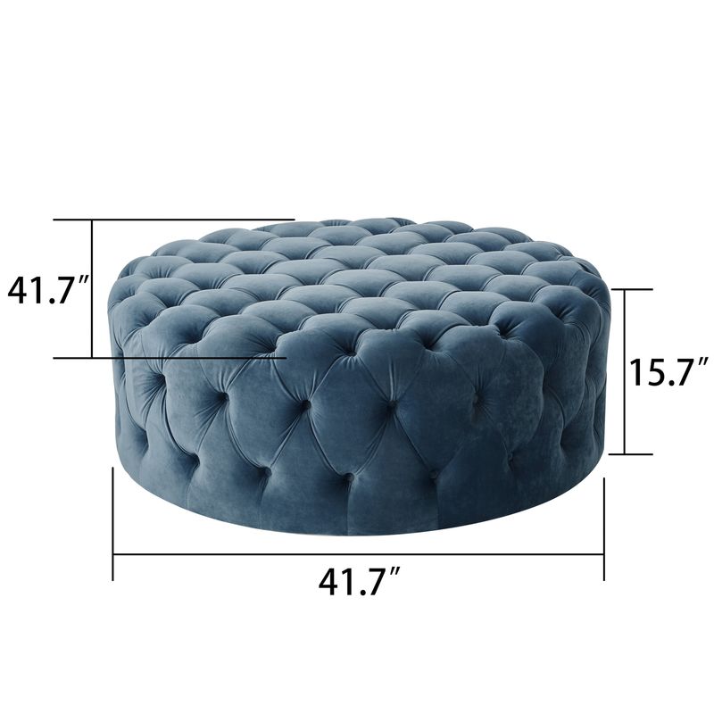 Corvus Chesterfield Round Tufted Velvet Ottoman with Casters - Navy blue