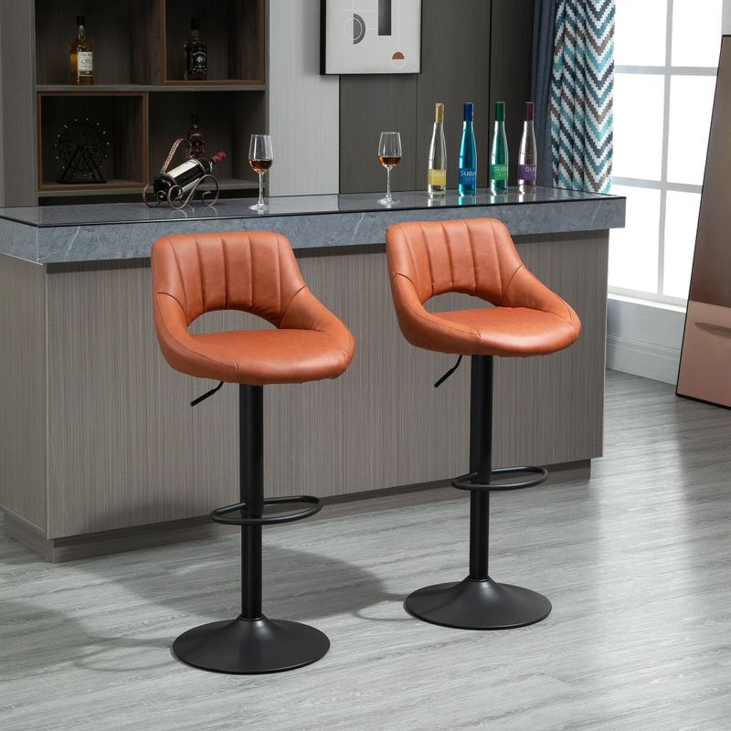 HOMCOM Modern Bar Stools Set of 2 Swivel Bar Height Chairs with Adjustable Height, Round Heavy Metal Base, and Footrest - Brown