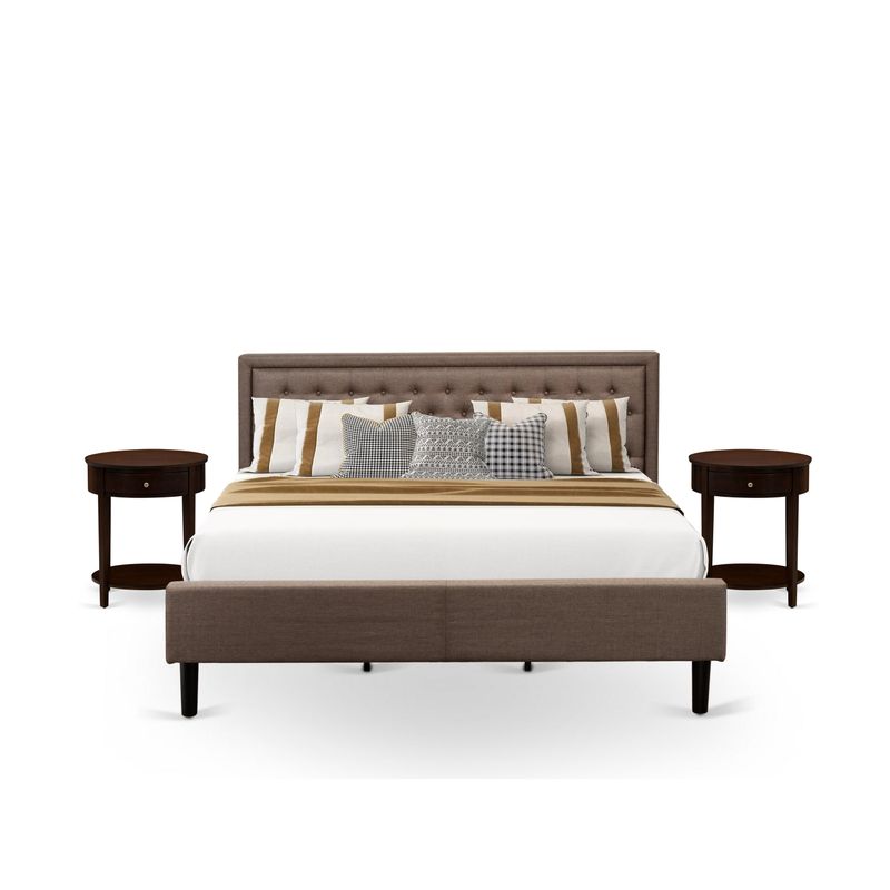 3 Pc Bed Set - Bed Frame with Brown Linen Fabric Padded - Button Tufted Headboard - 2 Wooden Nightstand (Bed Size Options) - KD18K-2HI0M