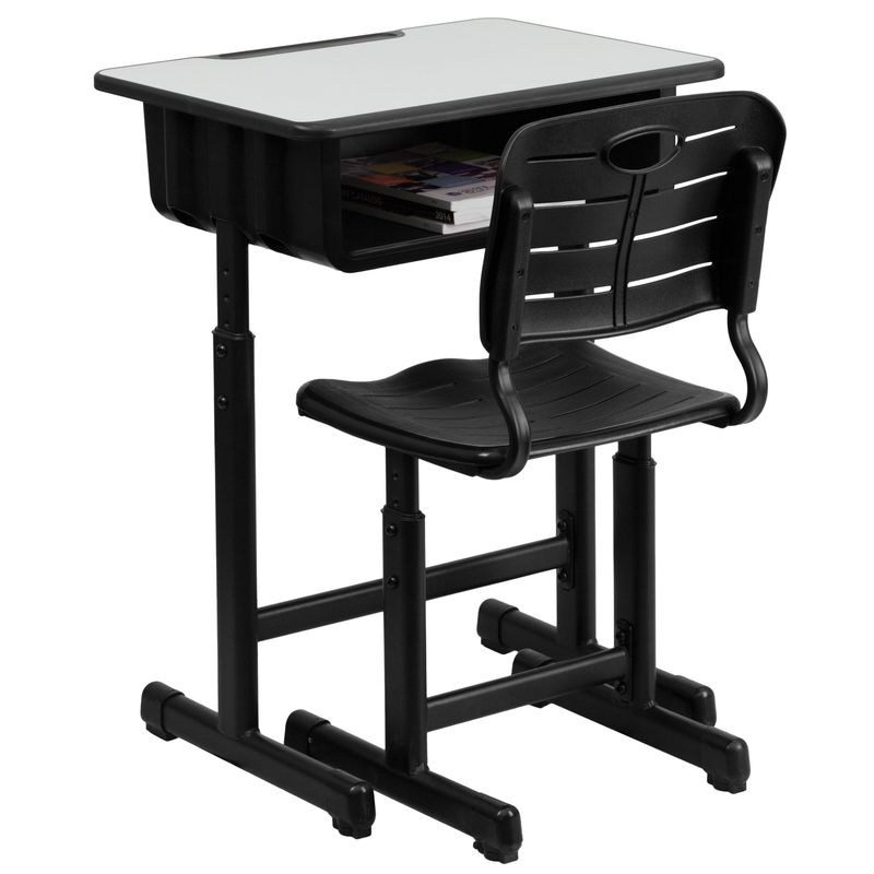 Pedestal Frame Adjustable Height Student Desk and Chair - 23.63"W x 17.75"D x 28.25" - 31.50"H - Gray
