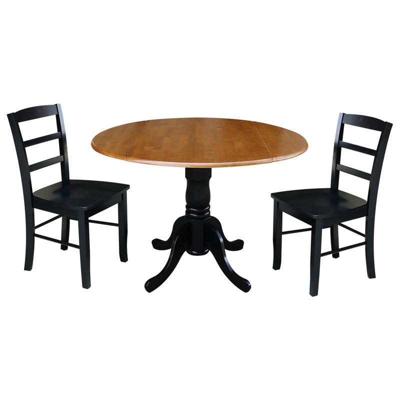 42 in Dual Drop Leaf Dining Table with 2 Dining Chairs - 3 Piece Dining Set - Oak table/black chairs
