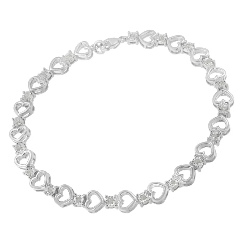 .925 Sterling Silver 1/4 cttw Miracle Set Diamond Alternating Heart and Bezel Link Bracelet (I-J Color, I3 Clarity) -7"