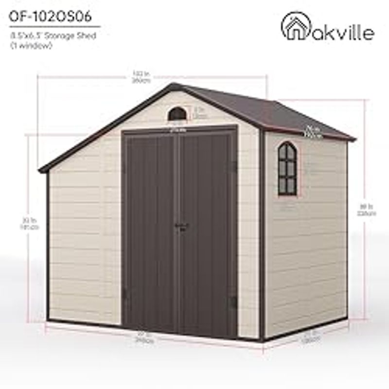 Outdoor Storage Shed 8.5x6.3 ft, Resin Storage Shed & Firewood Rack, Patio Storage Sheds Outdoor with Floor, Lockable Door, Airflow Vent,...