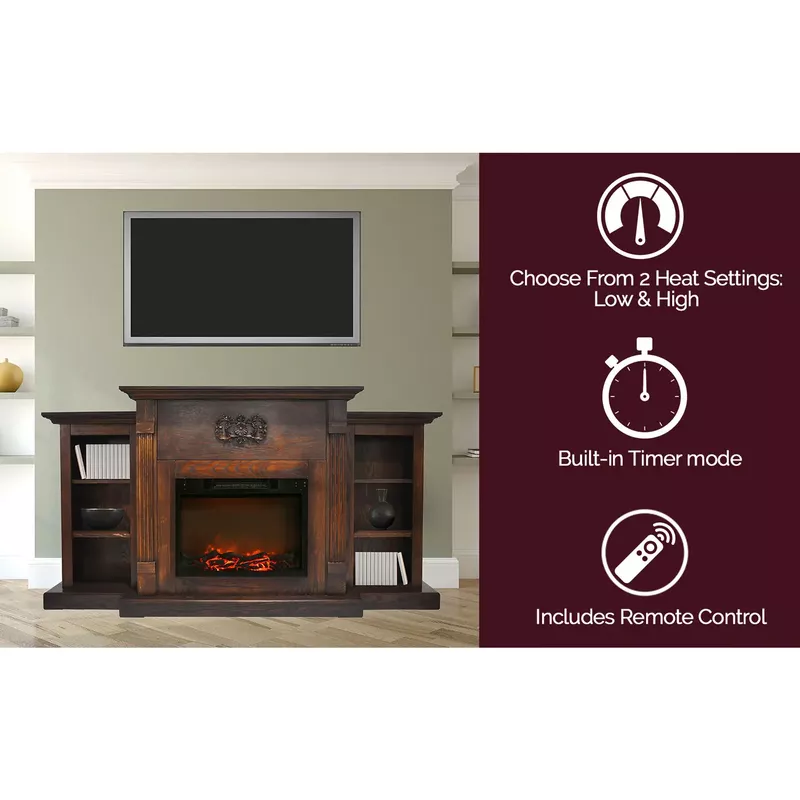Sanoma 72-In. Electric Fireplace in Walnut with Built-in Bookshelves and a 1500W Charred Log Insert