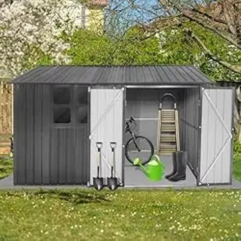 Evedy 10x8ft Metal Outdoor Storage Shed with Window,Steel Garden Sheds,Lockable Tool Sheds Storage Oversized Tool Sheds with Air Vent for Garden, Patio, Lawn to Store Garbage Can, Lawnmower