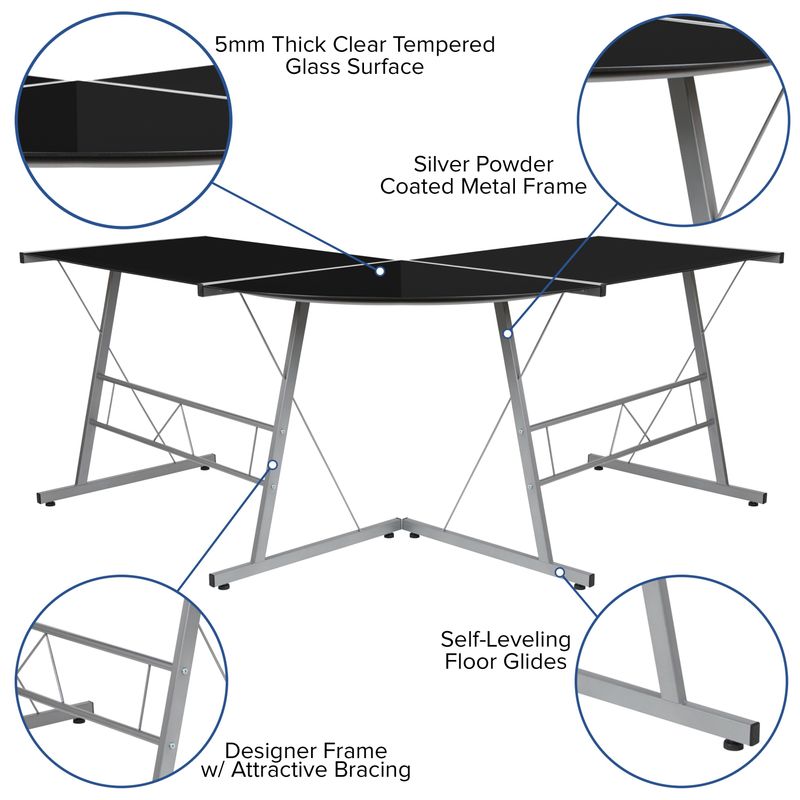 Glass L-Shape Corner Computer Desk with Silver Metal Frame - Clear/Silver