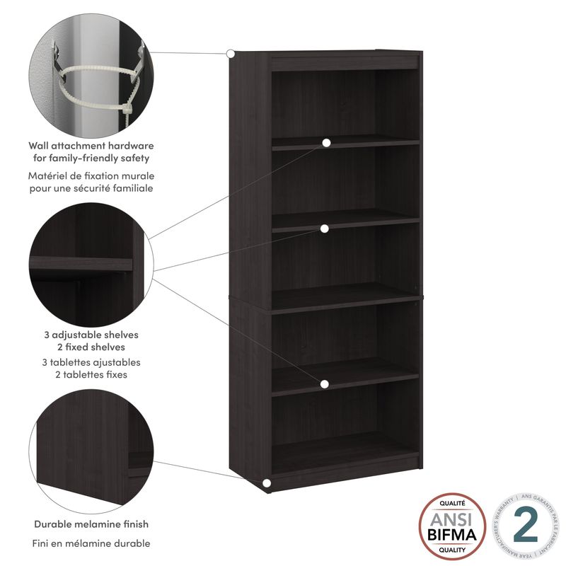 Universel 30W Standard 5 Shelf Bookcase by Bestar - Silver Maple