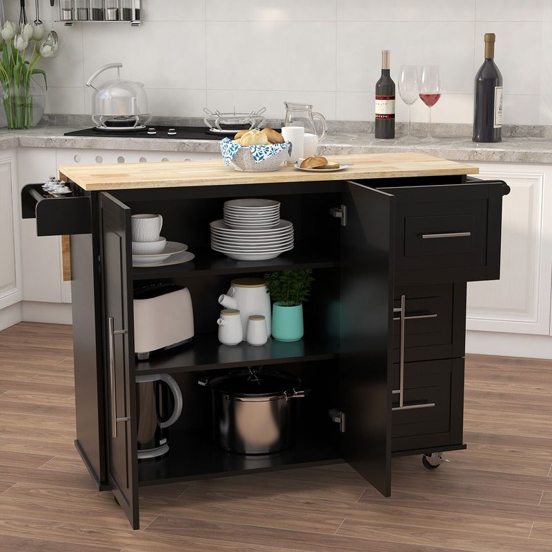 Nestfair Kitchen Island with Spice Rack Towel Rack and Extensible Solid Wood Top - Black