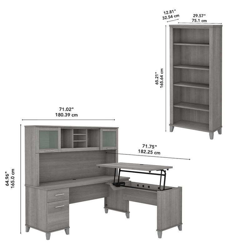 Somerset 72W Sit to Stand L-Desk with Hutch and Bookcase in Ash Gray - Maple Cross