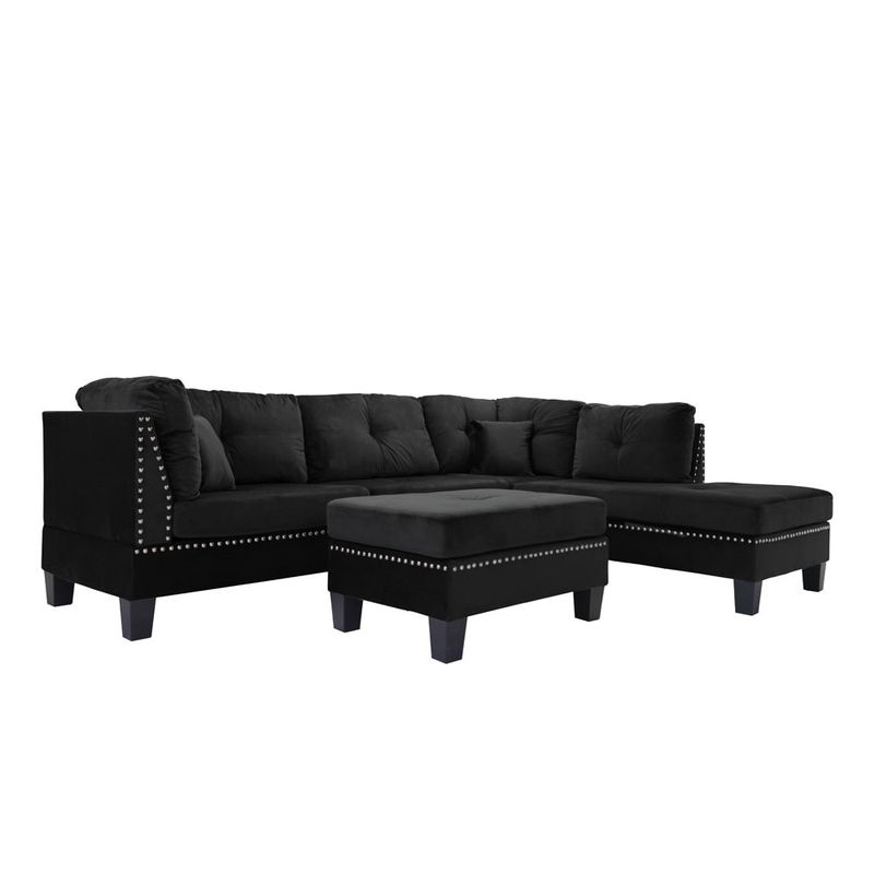 L-Shape Sectional Sofa w/Ottoman and nailhead trim accent - Dark Grey