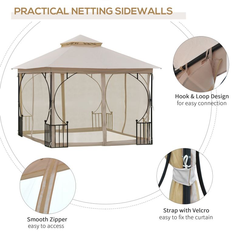 Outsunny 10' x 10' Patio Gazebo Canopy Outdoor Pavilion with Mesh Netting SideWalls, 2-Tier Polyester Roof, & Steel Frame - Beige