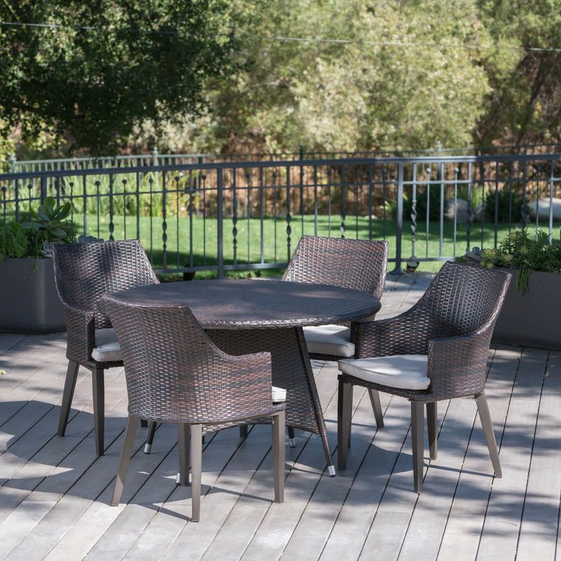 Hillhurst Outdoor 5-piece Round Wicker Dining Set with Cushions & Umbrella Hole by Christopher Knight Home - Grey