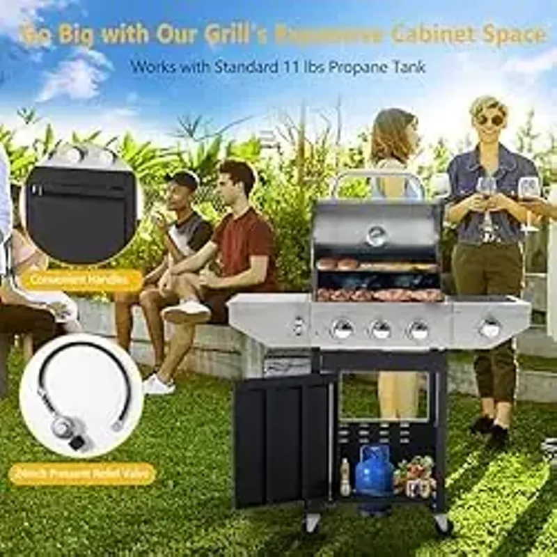 Lyromix Large BBQ Grill Propane with 3-Burners and Side Burner, Outdoor Gas Grill with Porcelain-Enameled Cast Iron Grates, Stainless Steel Camping Barbecue Griddle for Patio, Party, 37000 BTU