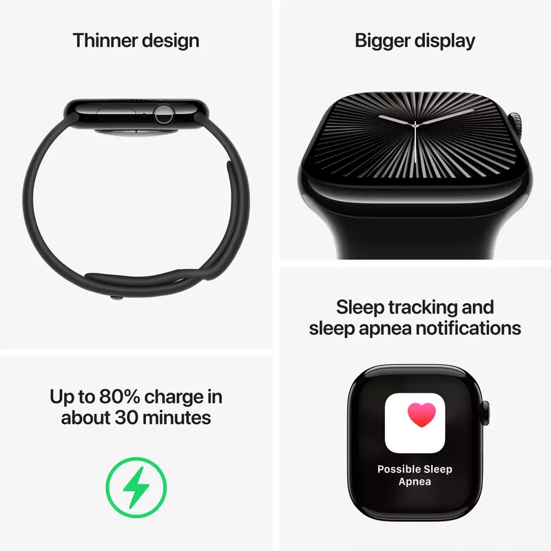 Apple Watch Series 10 (GPS) 46mm Aluminum Case with Black Sport Band - M/L - Jet Black