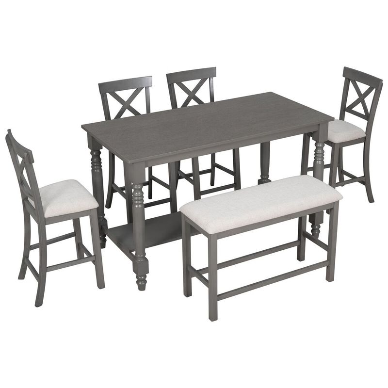 Merax 6-Piece Counter Height Dining Set with Shelf, Upholstered Seat - Grey