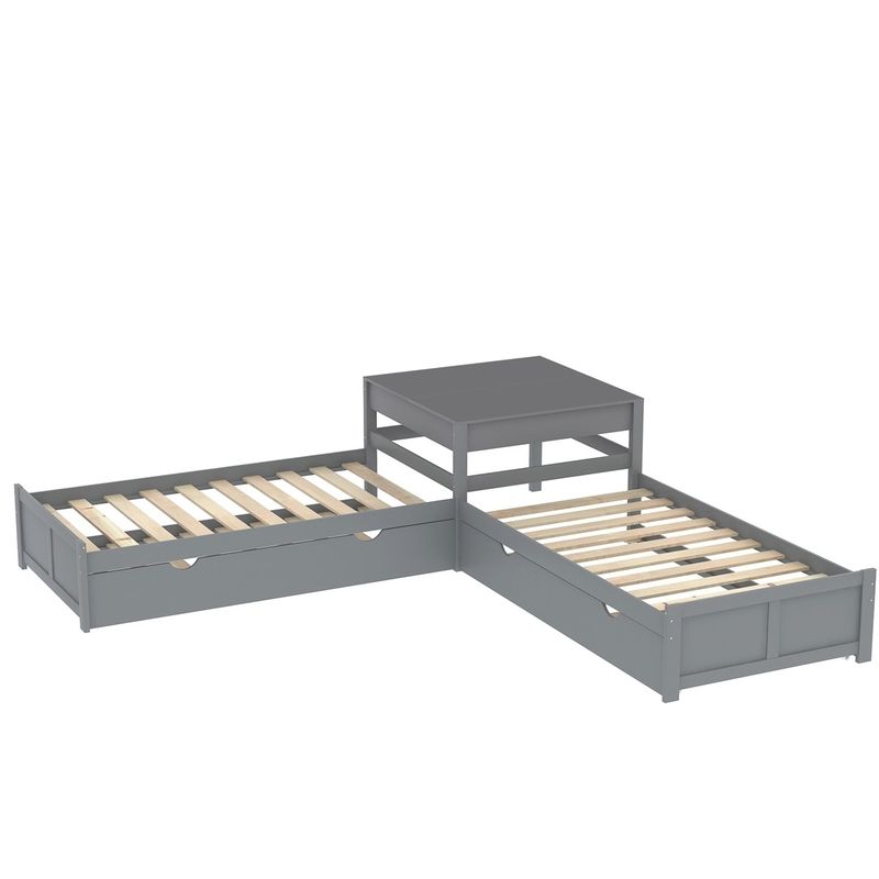 Merax Twin Size L-shaped Platform Bed with Two Trundles and Built-in Table - Grey
