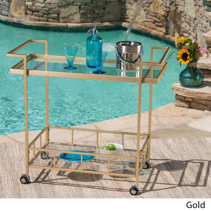Selby Outdoor Industrial Tempered Glass Bar Cart by Christopher Knight Home - Black