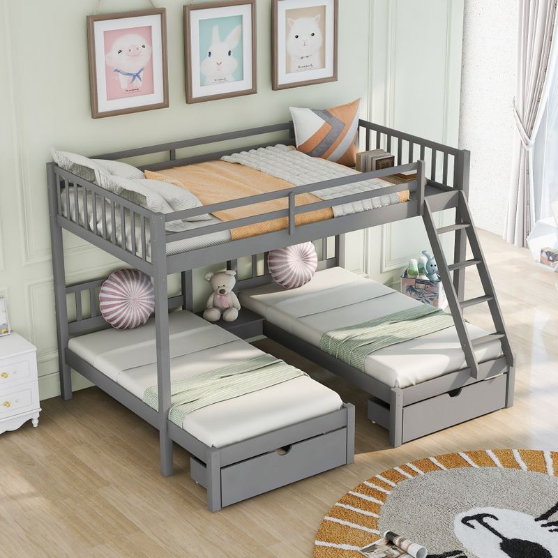 Full Over Twin & Twin Bunk Bed, Wood Triple Bunk Bed - Grey