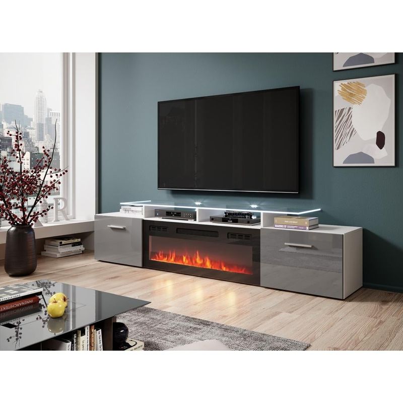 Rova EF Electric Fireplace Modern 75" TV Stand - White/Gray