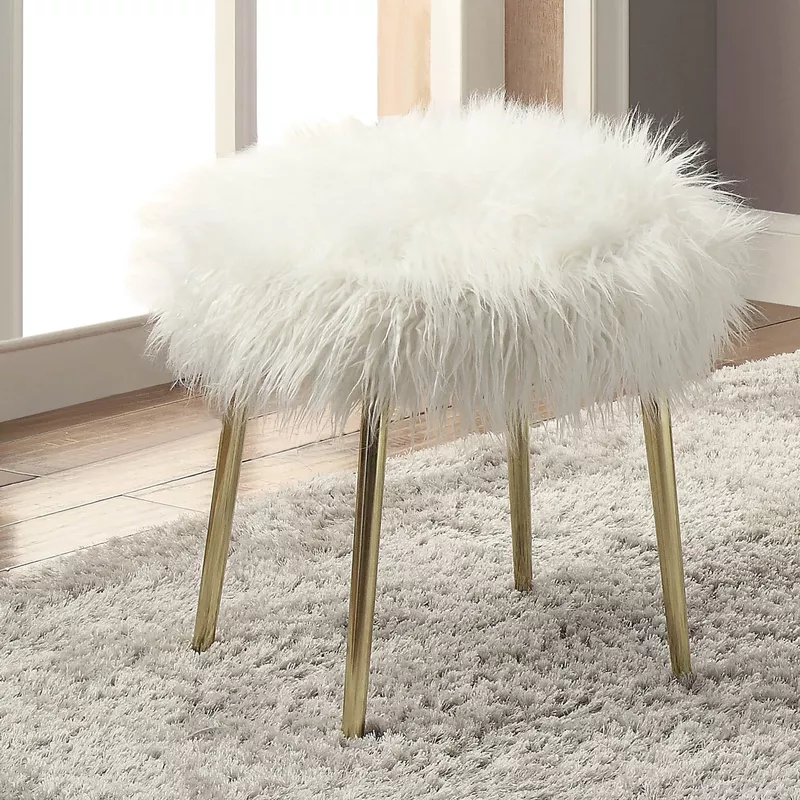 Contemporary Metal Upholstered Ottoman in White/Gold