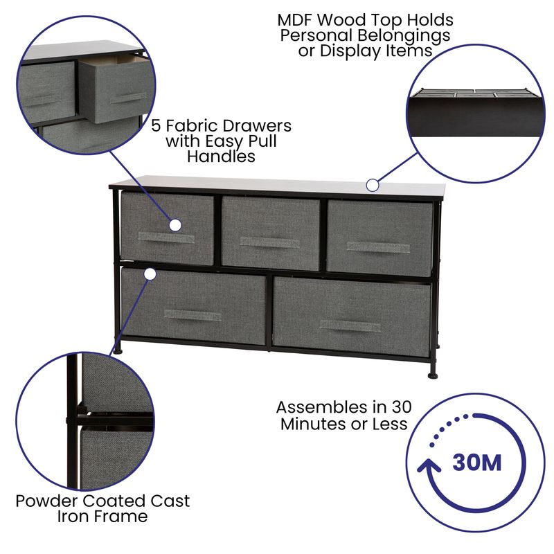 5 Drawer Storage Chest with Wood Top & Dark Fabric Pull Drawers - Black/Gray