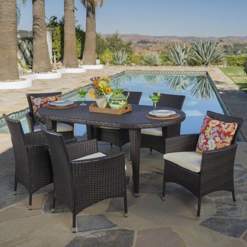 Vincent Outdoor 7-piece Oval Wicker Dining Set with Cushions by Christopher Knight Home - Multibrown + Beige