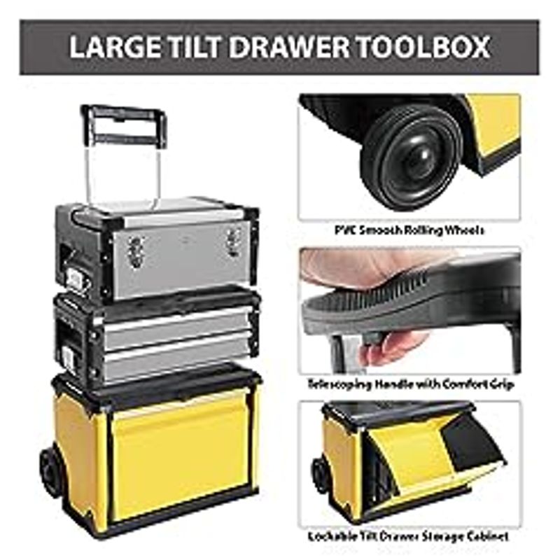 BIG RED Stackable Portable Metal Tool box Organizer with Wheels and 2 Drawers, Rolling Upright Trolley Tool Chest for Garage or...