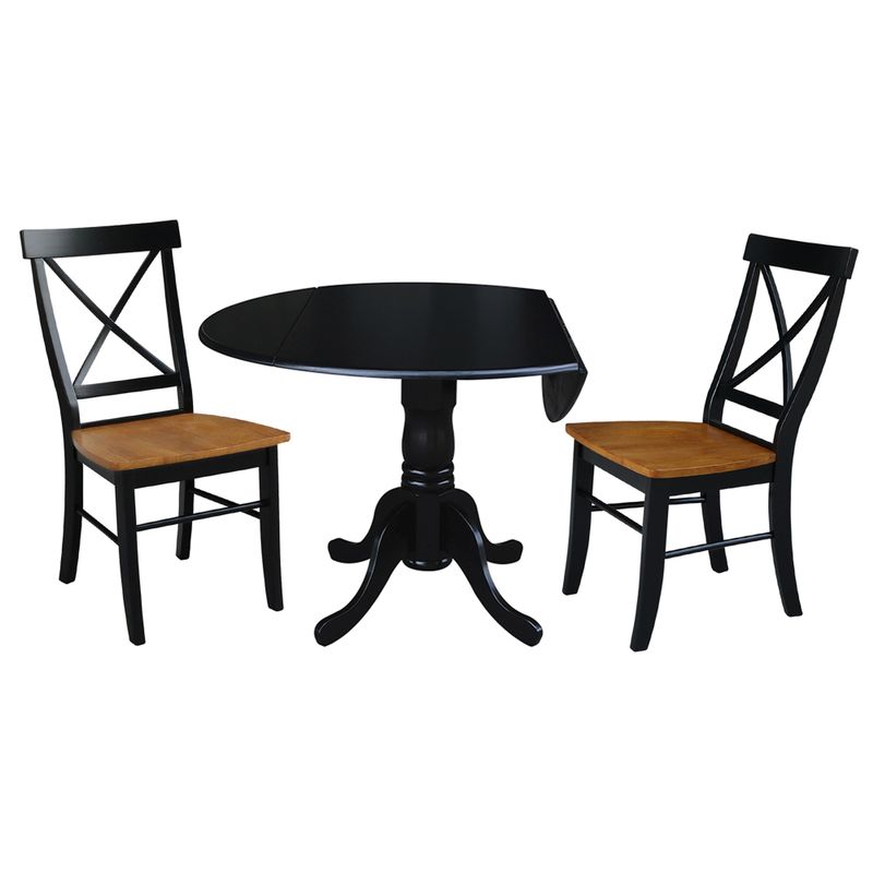 42 in Dual Drop Leaf Dining Table with 2 Dining Chairs - 3 Piece Dining Set - Dining Height - Black table/black and cherry chairs