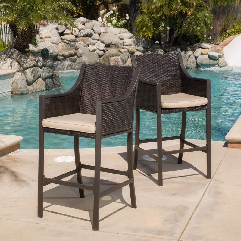 Riga Outdoor Wicker Barstool with Cushion (Set of 2) by Christopher Knight Home - Multi Brown