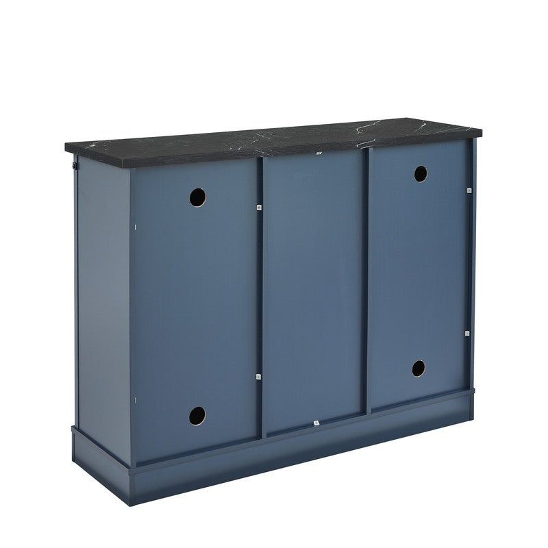 47 in. Navy Blue Wood Bar Cabinet with Barn Door, black marbling pattern print wood countertop - Blue