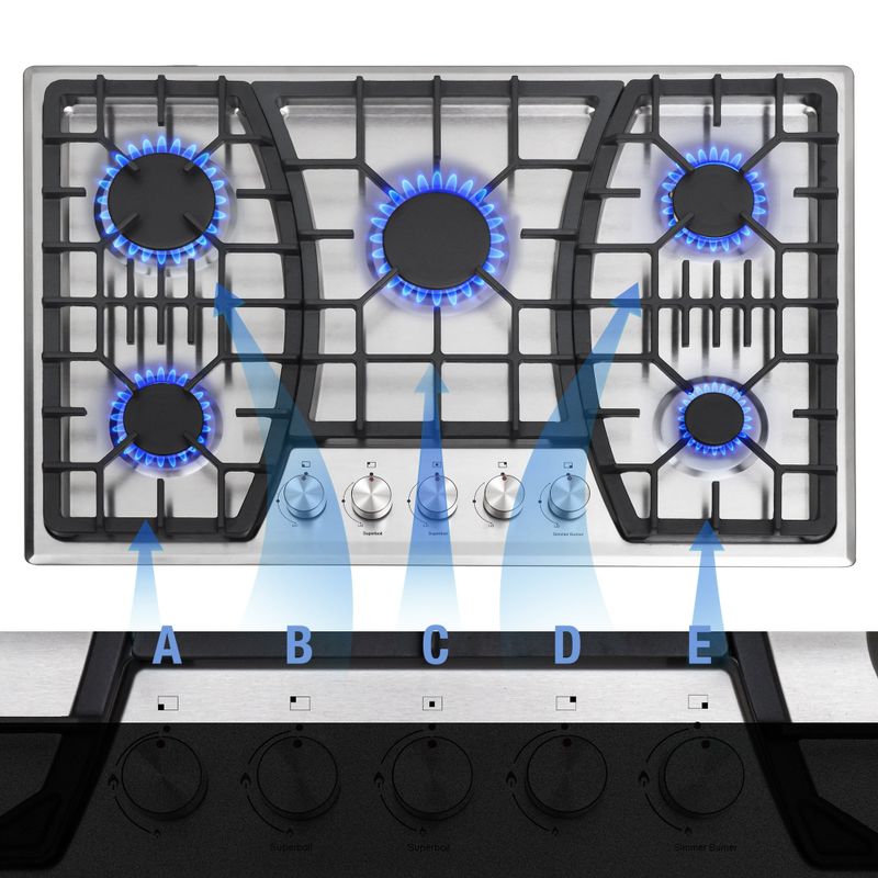 30 in. Gas Cooktop,Stainless Steel Gas Cooktop,NG/LPG Convertible Gas Burners - Silver