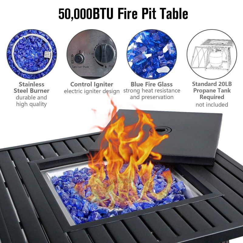5-Piece Patio Dining Firepit Set of 4 Rattan/Metal Deep-Seating Swivel Chairs and 28" 50,000BTU Progane Fire Pits Table - 5-Piece Sets...