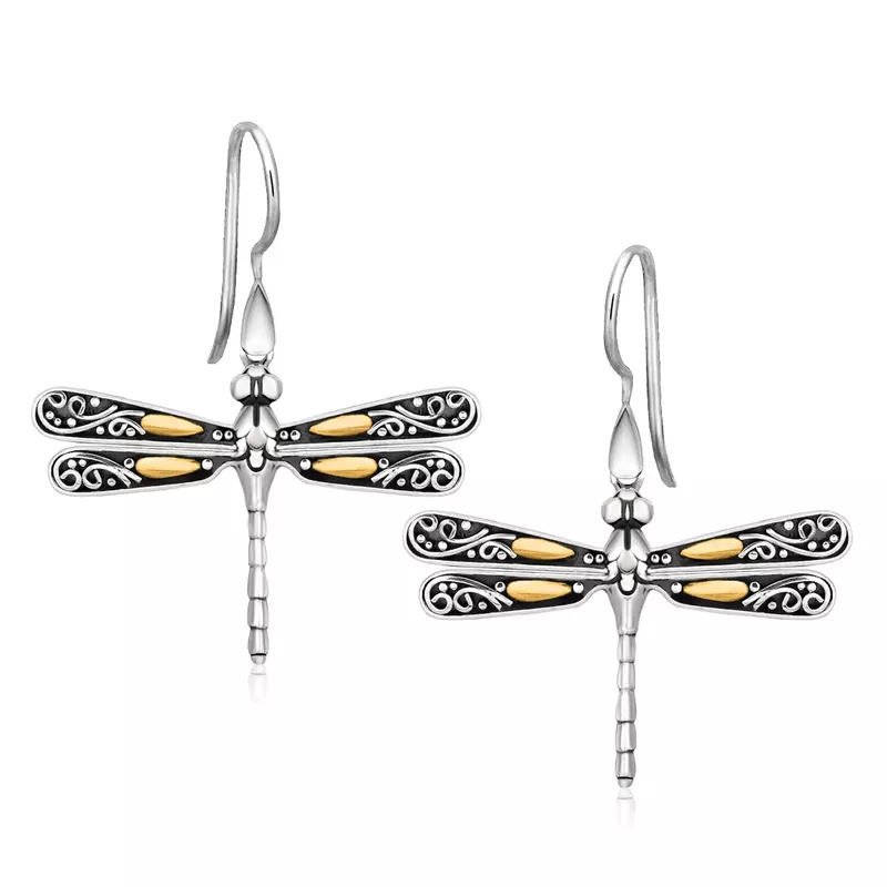 18k Yellow Gold and Sterling Silver Dragonfly Motif Drop Earrings