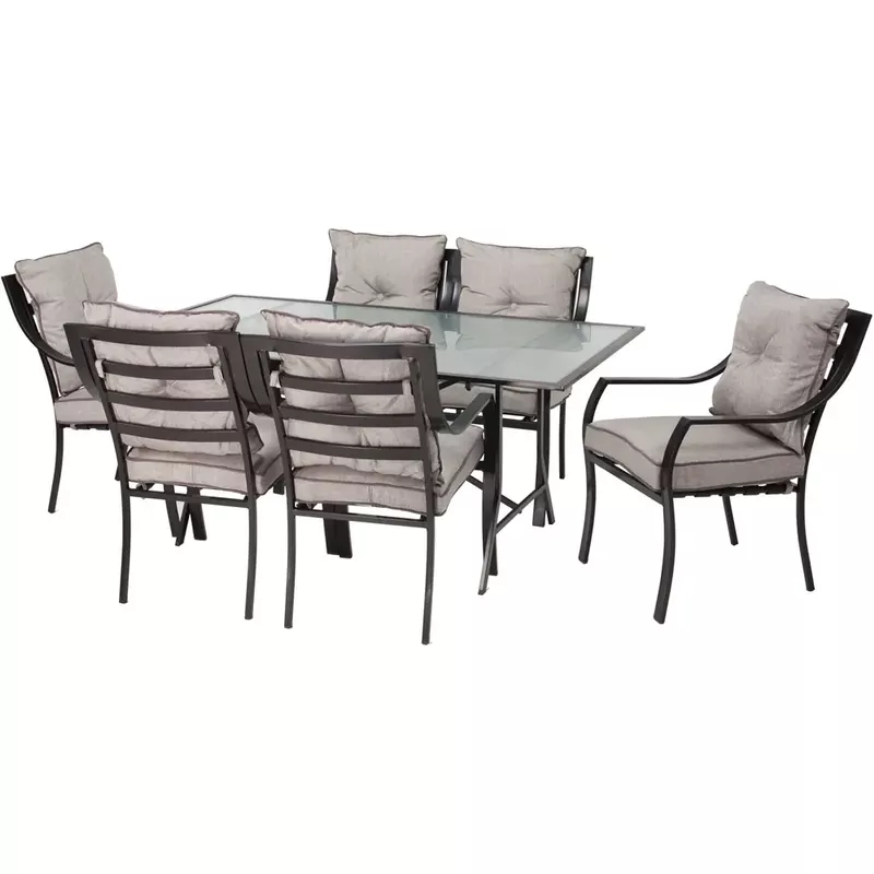 Lavallette 7pc Dining Set: Glass Table, 6 Cushion Chairs, Umbrella/Base