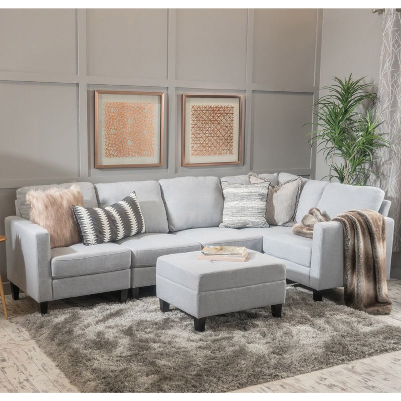 Zahra 6-piece Sofa Sectional with Ottoman by Christopher Knight Home - Light Grey